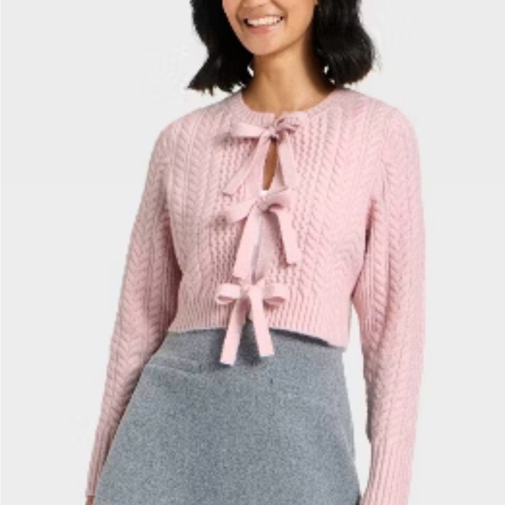 a new day Pink Cable Knit Sweater with Bow Accents